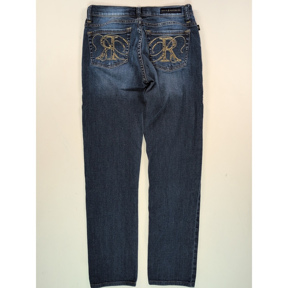 Rock & Republic Berlin Dark Wash Straight Leg Jeans Gold Logo Pockets Size 6 - Picture 2 of 13